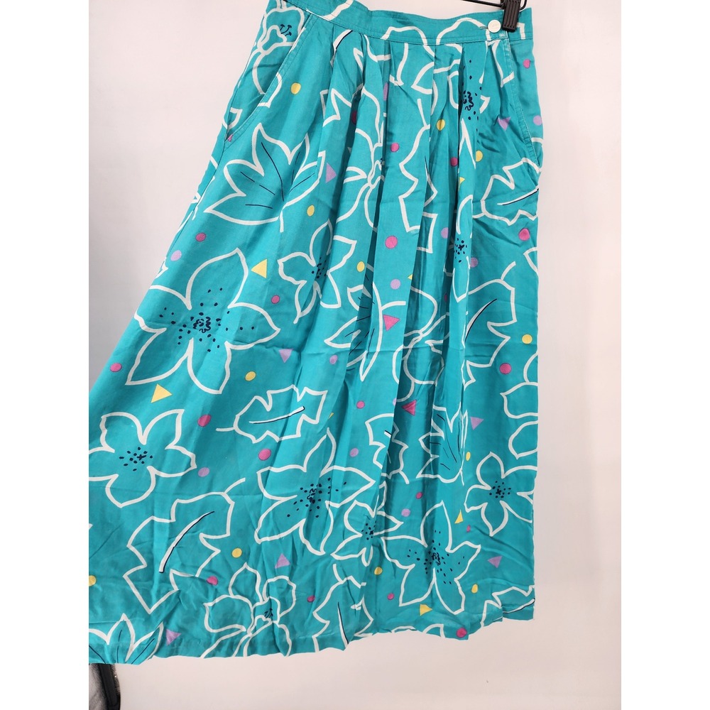 Chaus Vintage Teal Floral Geometric Rayon High Waisted Pleated Midi Skirt 6
